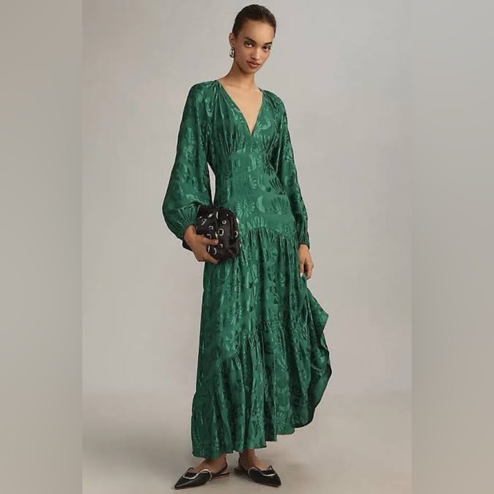 ANTHROPOLOGIE Farm Rio Floral Jacquard V-Neck Maxi Dress Green Petite Size NWT